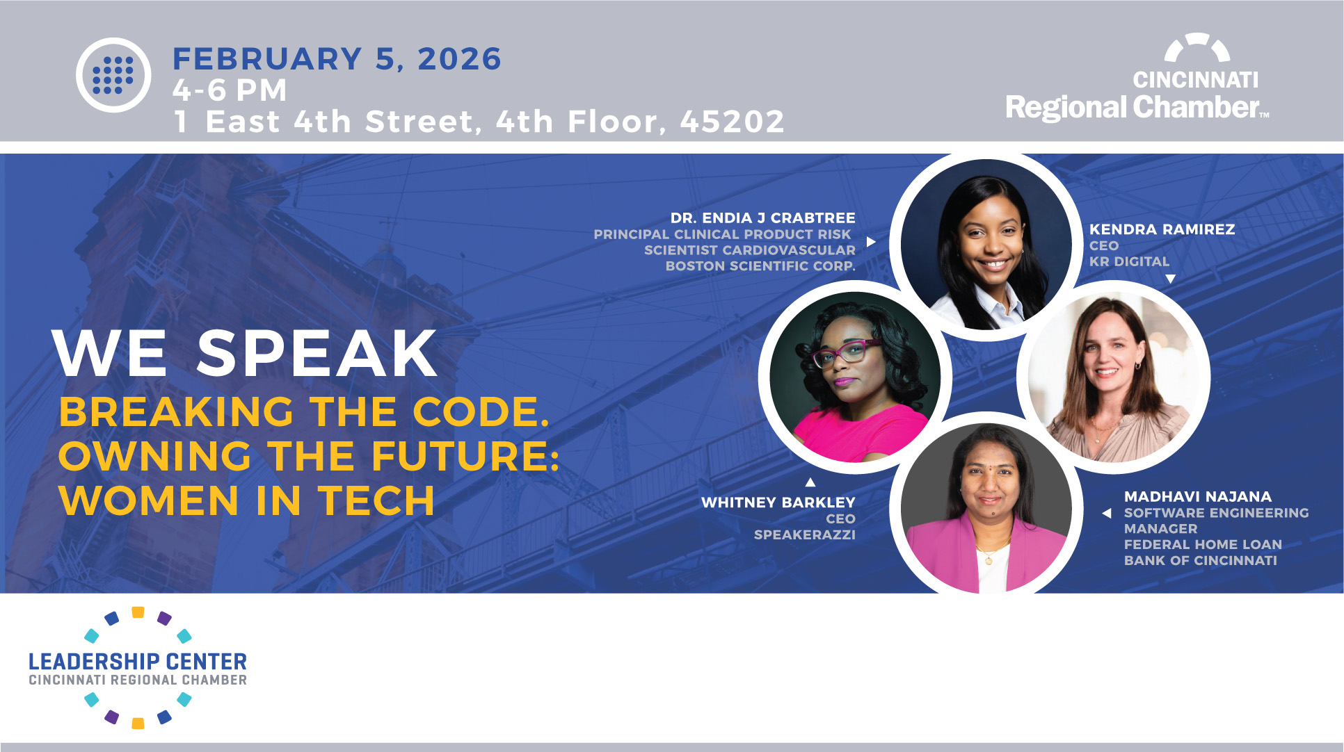 February 2026 Cincinnati Regional Chamber WE Speak event graphic