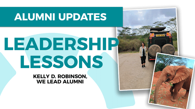 Leadership Lessons by Kelly D. Robinson displayed over photos of her in Africa and an elephant she saw on her trip.