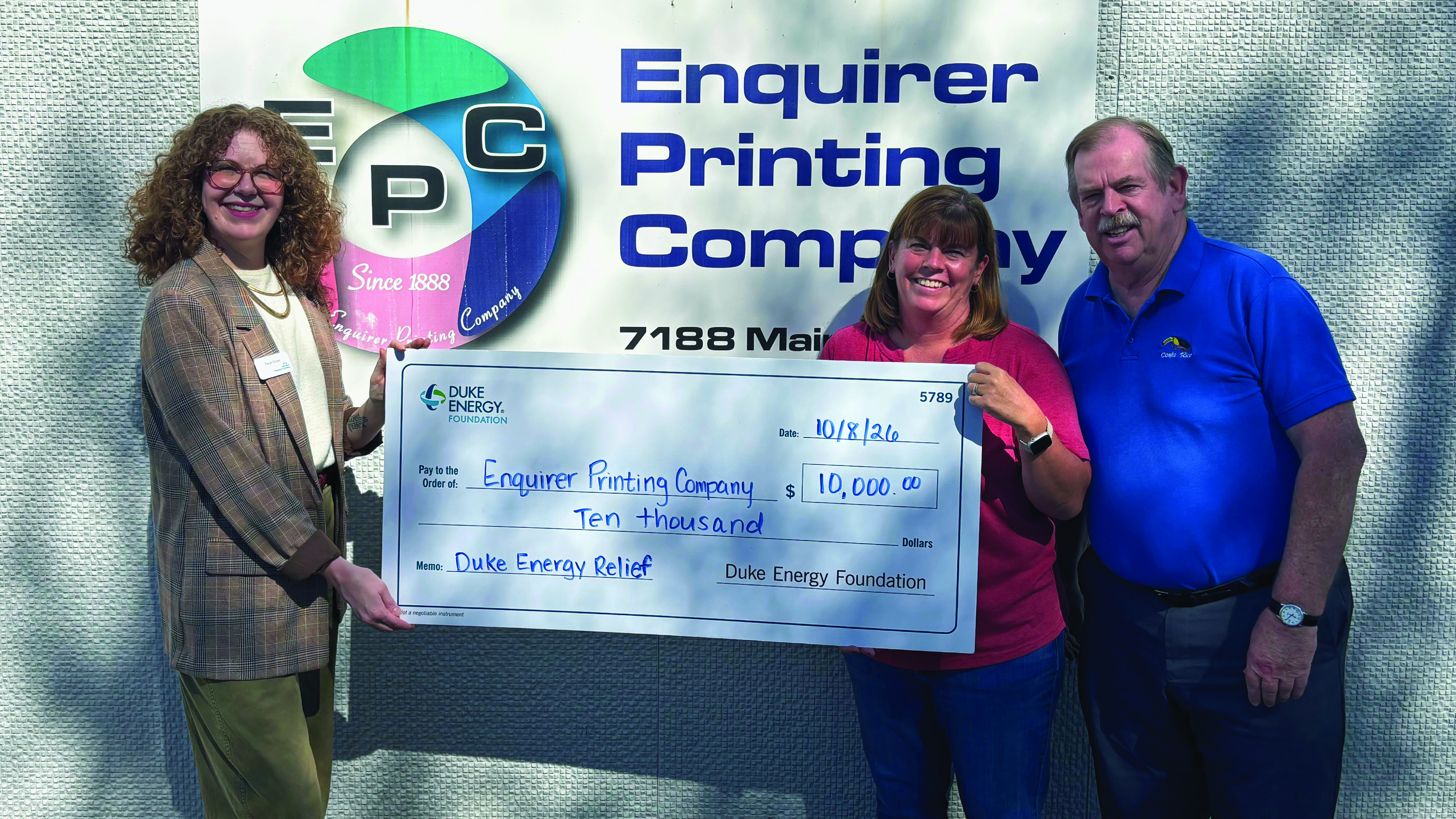 Duke Energy Foundation and Cincinnati Regional Chamber Award Storm Relief Grants recipient Enquirer Printing